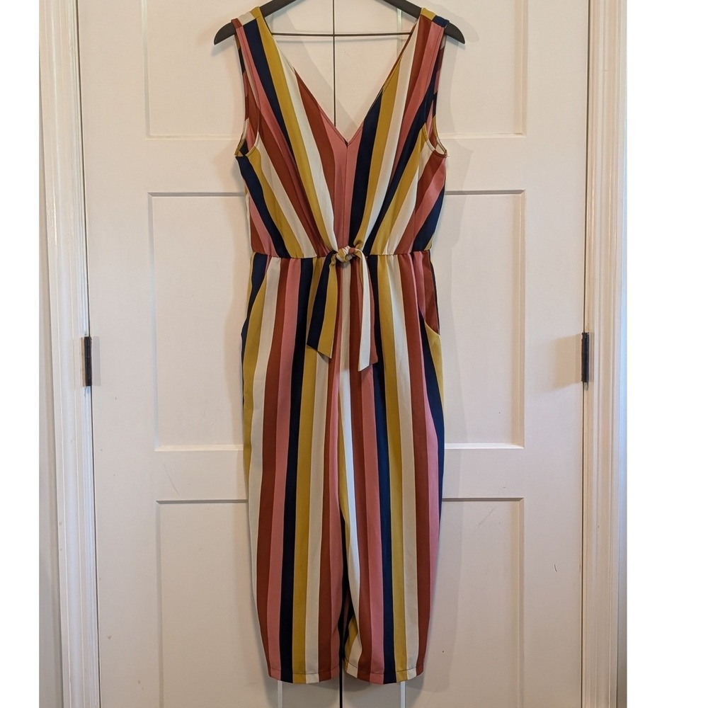 Lily Rose Large Striped Wide Leg Cropped Jumpsuit V Neck Tie Waist Boho Pockets